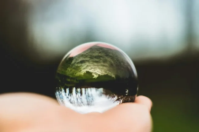 Hand holding a crystal ball. In the background we see an out-of-focus forest and sky. These are seen, upside down, in the crystal ball.